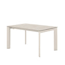 Mesa LISA 140, en travertino con pata beige, vista en perspectiva