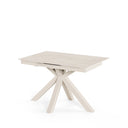 Mesa LORI de 160 cm, en travertino con pata beige, vista en perspectiva