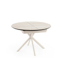 Mesa SUVI de 120 cm, en travertino con pata beige, vista en perspectiva