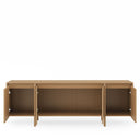 Mueble TV PACIFIC de 180 cm con las cuatro puertas abiertas y las baldas interiores