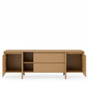 Mueble TV PACIFIC de 180 cm abierto: los dos cajones centrales y los armarios laterales