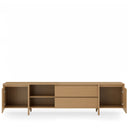 Mueble TV PACIFIC de 240 cm abierto: los dos cajones centrales y los armarios laterales
