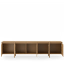Mueble TV PACIFIC de 240 cm con las cinco puertas abiertas y las baldas interiores