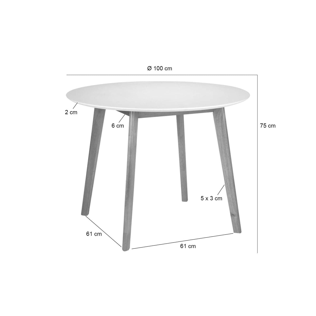 Croquis de medidas de Mesa MONNA 100 Redonda Fija Roble