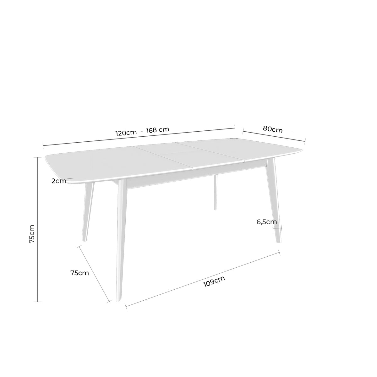 Croquis de medidas de Mesa ENMA 120 Extensible Blanco/Roble