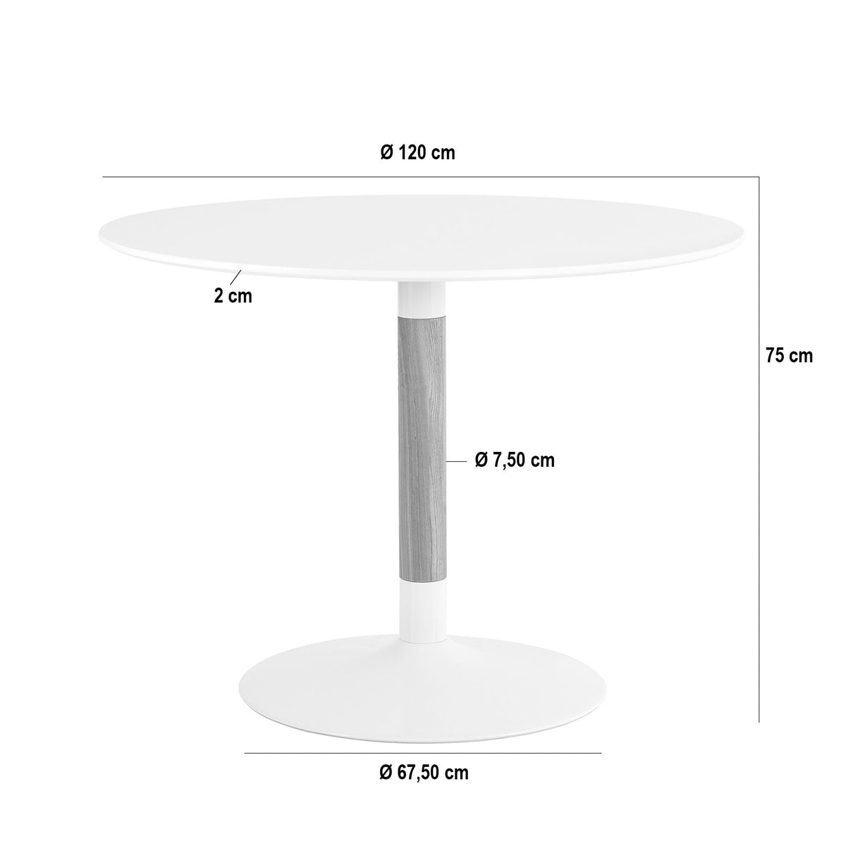 Croquis de medidas de Mesa MIRA 120 Redonda Blanca de Pie Central