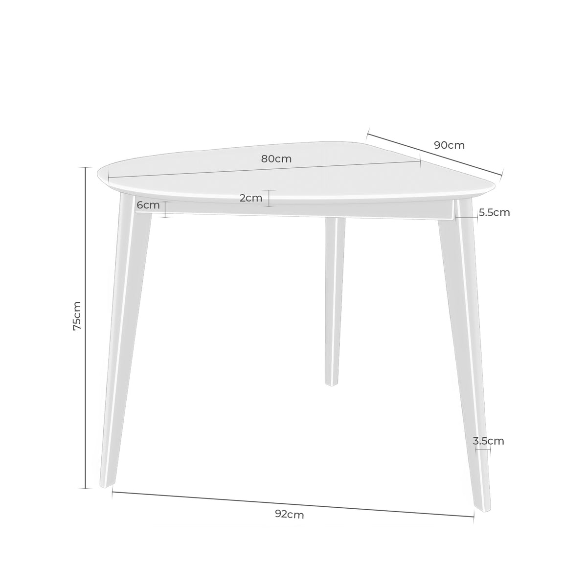Croquis de medidas de Mesa MORGAN Cuadrada 92 cm Blanco/Roble