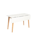 Mesa TORI, en blanco y roble, vista en perspectiva