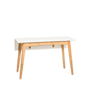 Mesa TORI, en blanco y roble, vista trasera en perspectiva