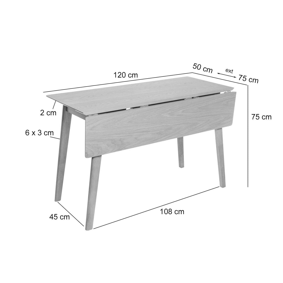 Croquis de medidas de Mesa TORI Extensible en Fondo Roble