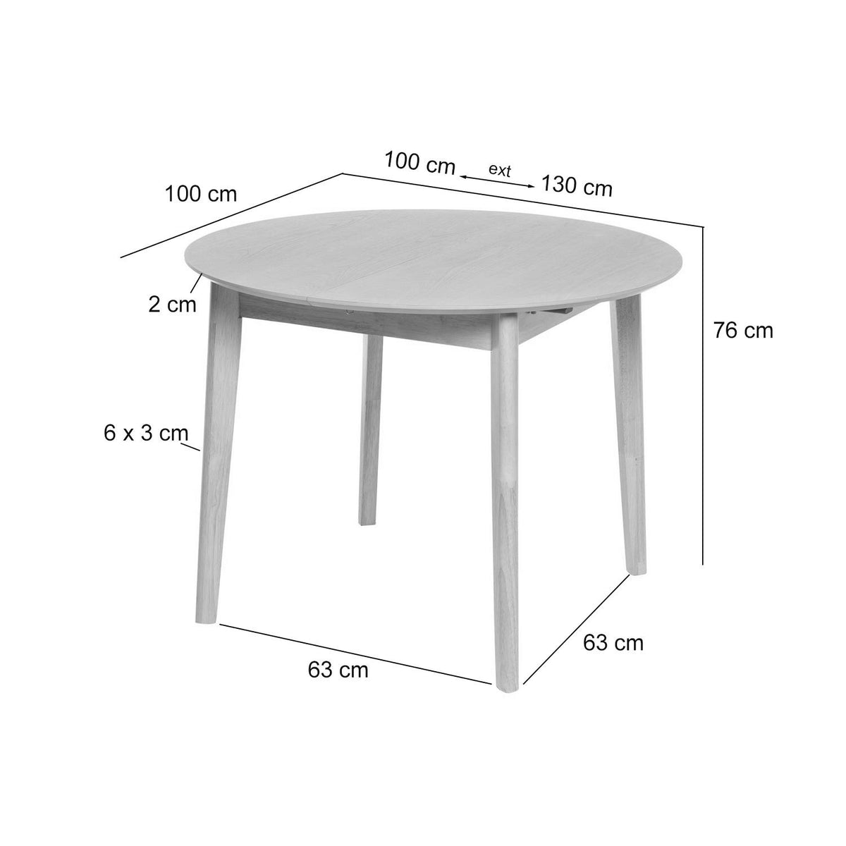 Croquis de medidas de Mesa LIANA 100 Redonda Extensible Blanco