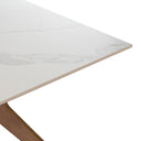 Mesa ELOISE de 140 cm, en blanco con patas de nogal, detalle del acabado