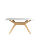 Mesa ELOISE de 160 cm, en blanco con patas de roble, vista trasera en perspectiva