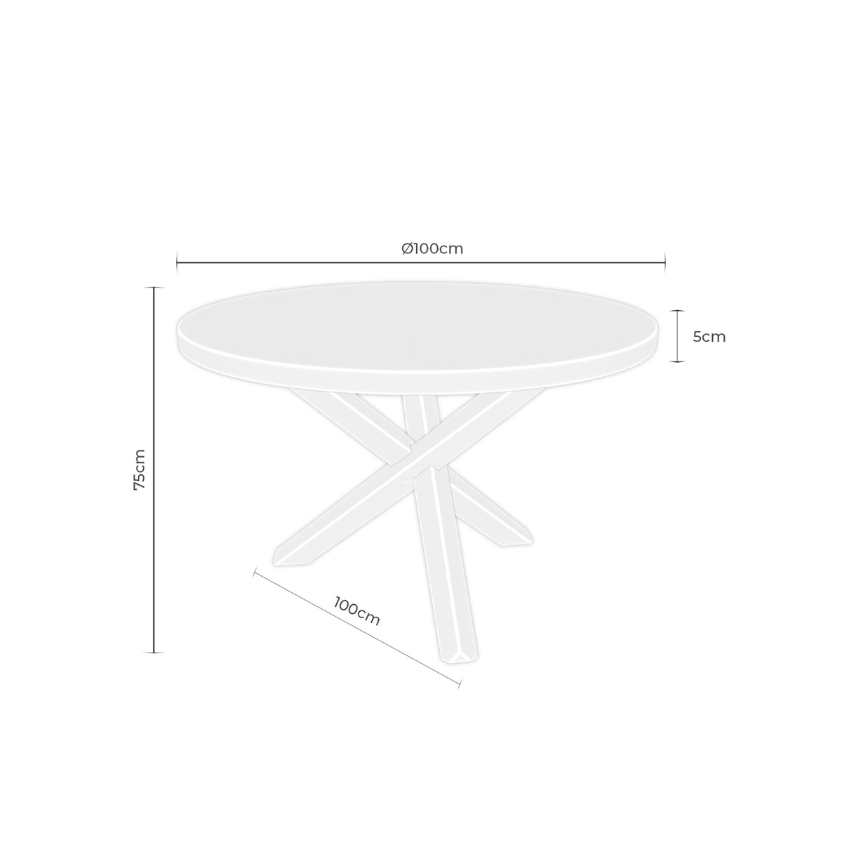 Croquis de medidas de Mesa MINERVA Redonda Roble con Aspa de Madera