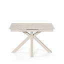 Mesa LORI de 160 cm, en travertino con pata beige, vista trasera en perspectiva