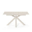 Mesa LORI de 160 cm, en travertino con pata beige, vista lateral
