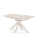 Mesa LORI de 160 cm, en travertino con pata beige, vista frontal