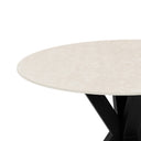 Mesa FIORELLA de 100 cm, en travertino con pata negra, vista lateral