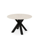 Mesa FIORELLA de 120 cm, en travertino con pata negra, vista trasera en perspectiva