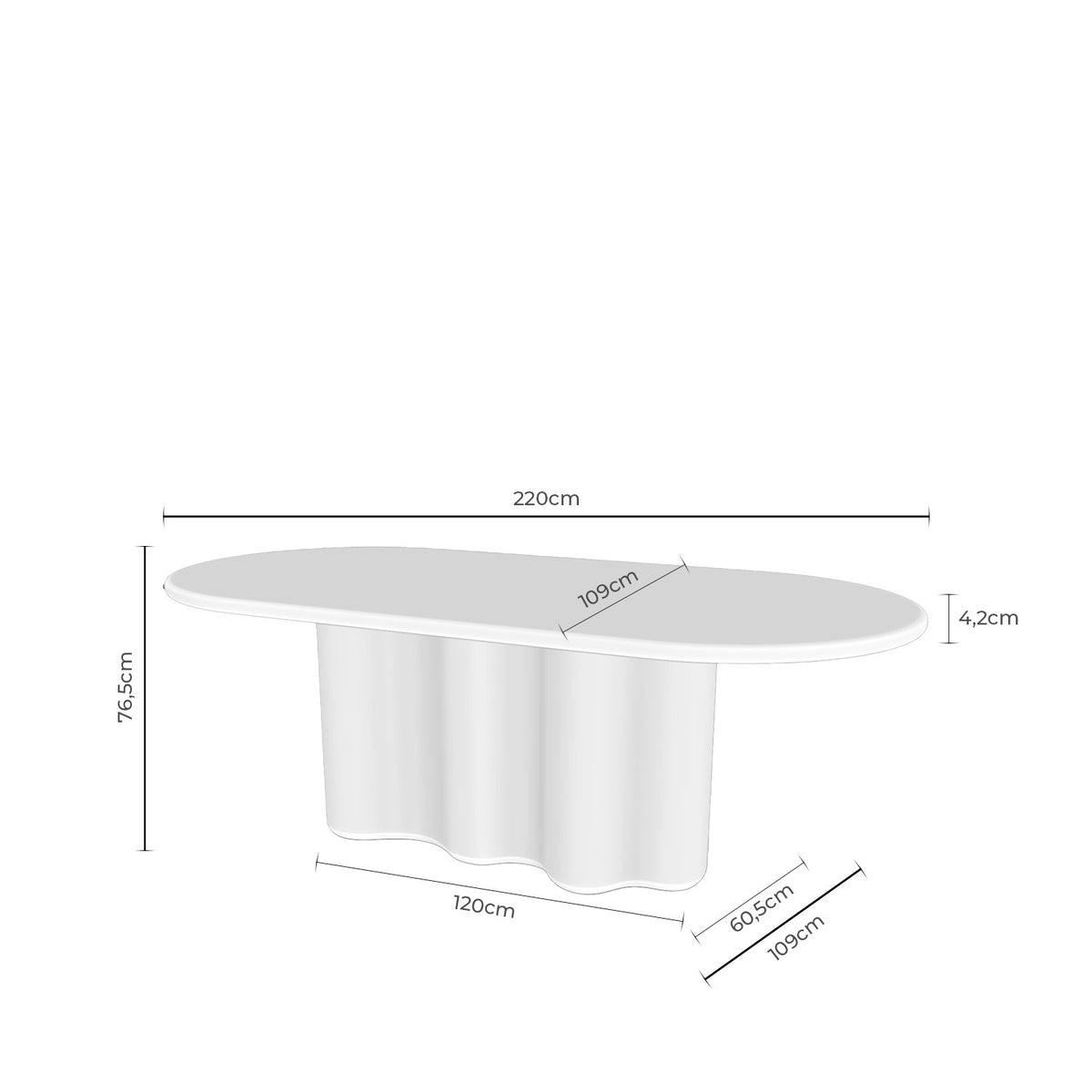 Croquis de medidas de Mesa LORRAINE 220 Mármol Travertino