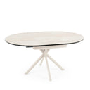 Mesa SUVI de 100 cm, en travertino con pata beige, vista de conjunto