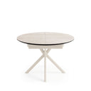 Mesa SUVI de 120 cm, en travertino con pata beige, vista trasera en perspectiva