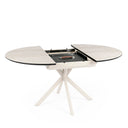Mesa SUVI de 120 cm, en travertino con pata beige, vista de conjunto