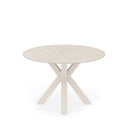 Mesa FIORELLA de 120 cm, en travertino con pata beige, vista trasera en perspectiva
