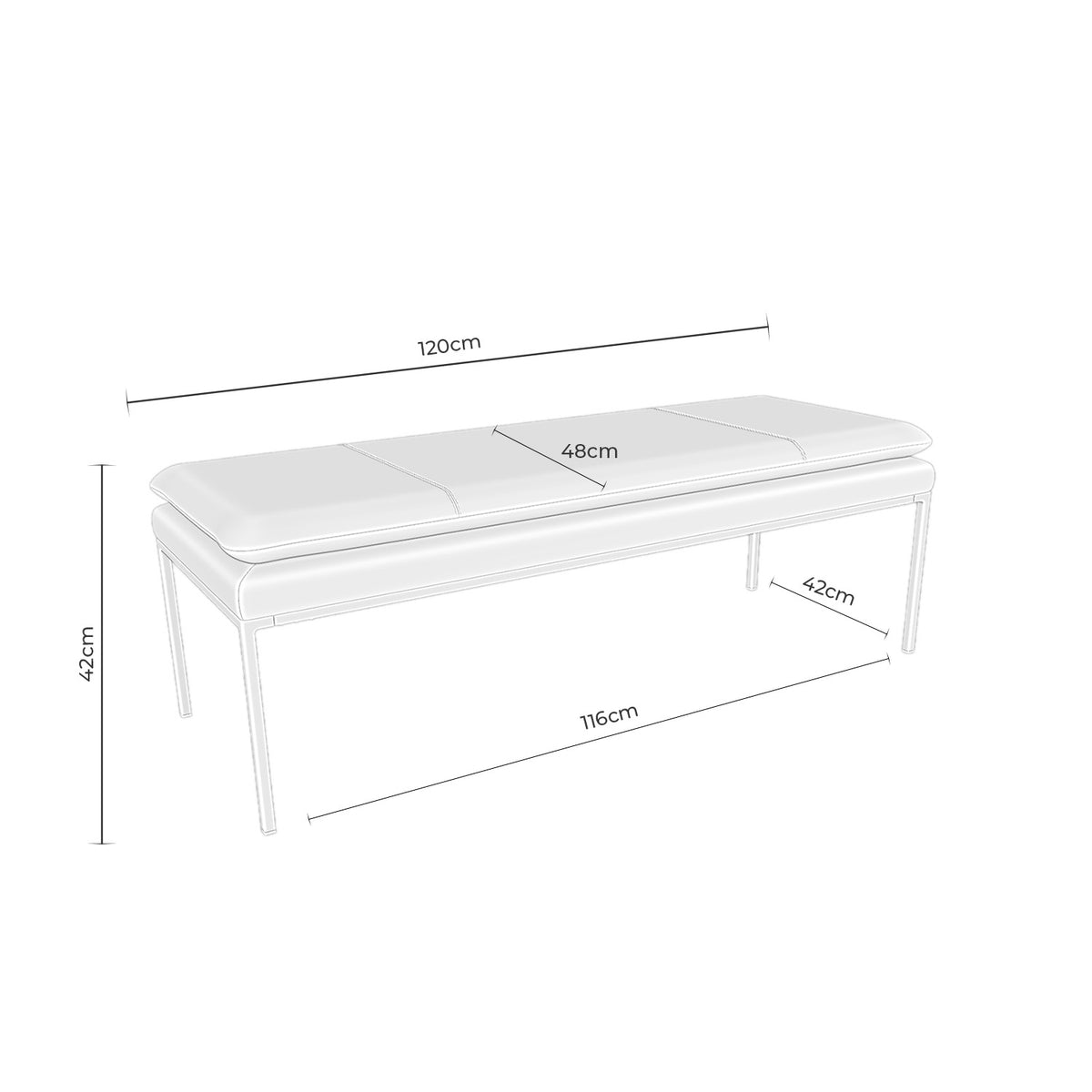 Croquis de medidas de Banqueta TURÍN de 120 cm con patas metálicas finas