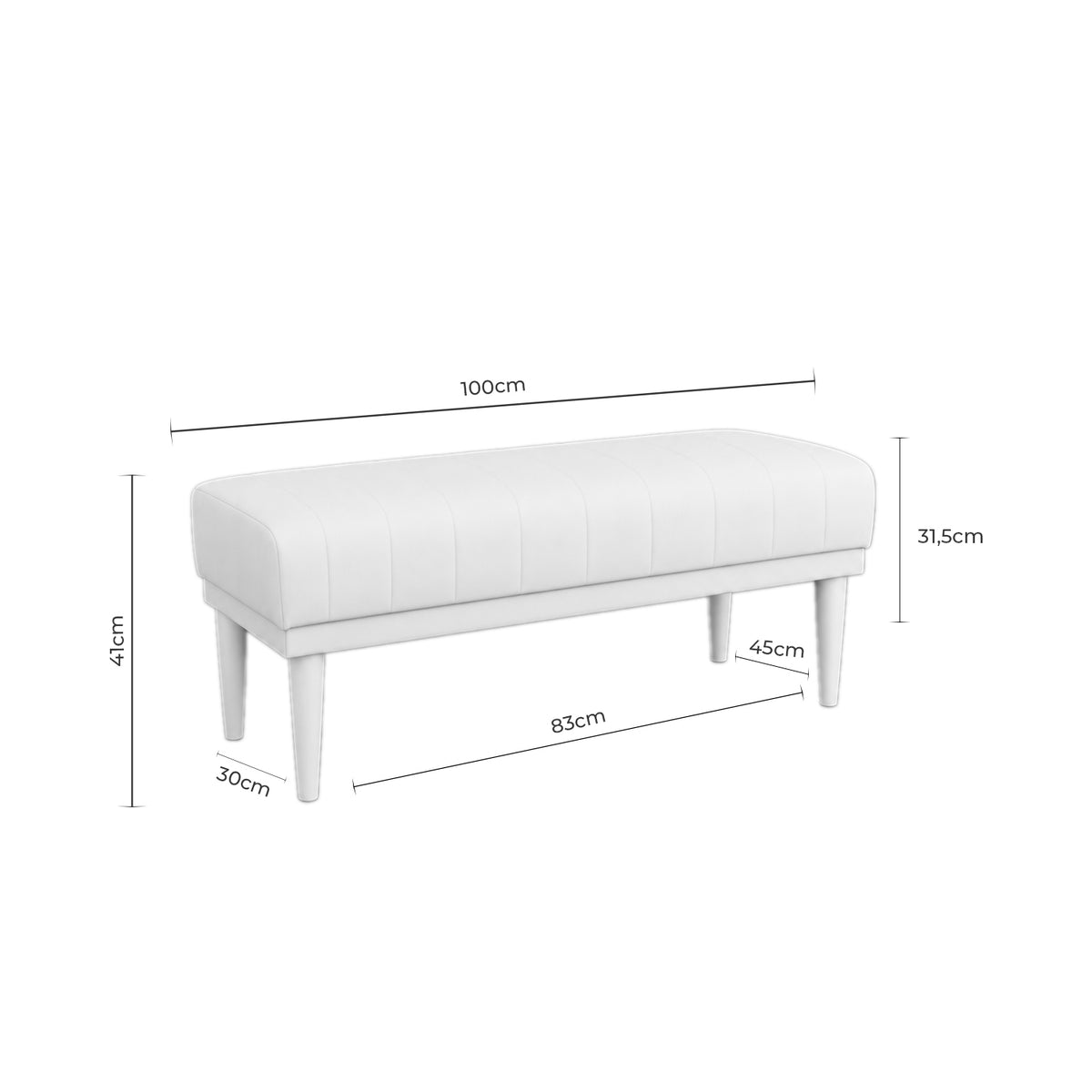 Croquis de medidas de Banqueta BARI de 100 cm con patas de madera