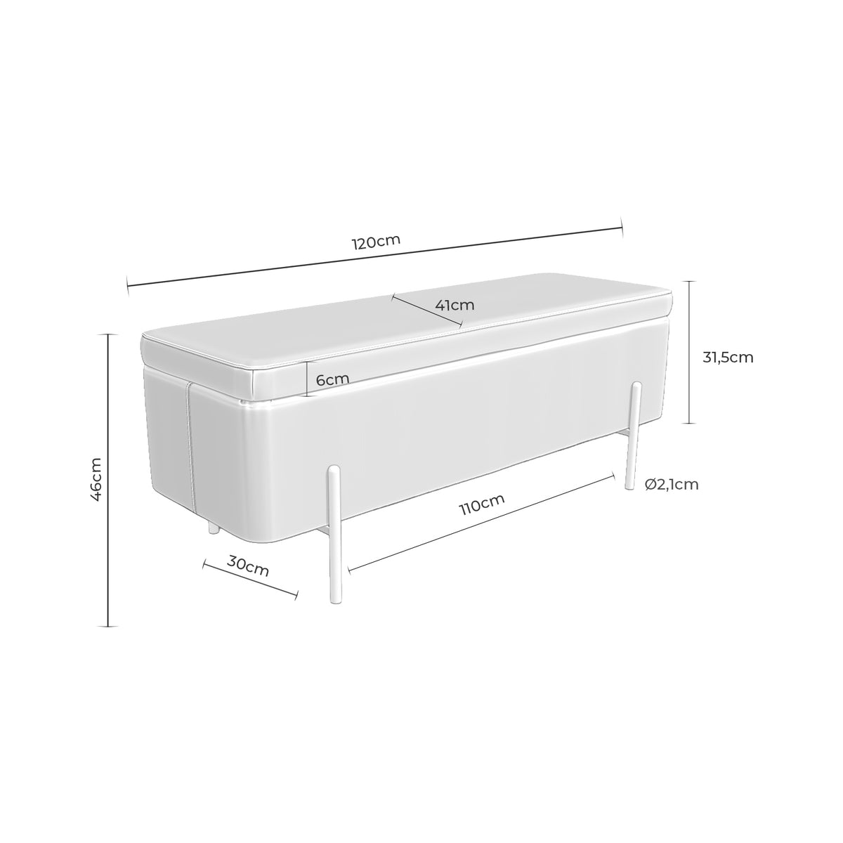 Croquis de medidas de Banqueta VIENA de 120 cm con almacenaje bajo la tapa