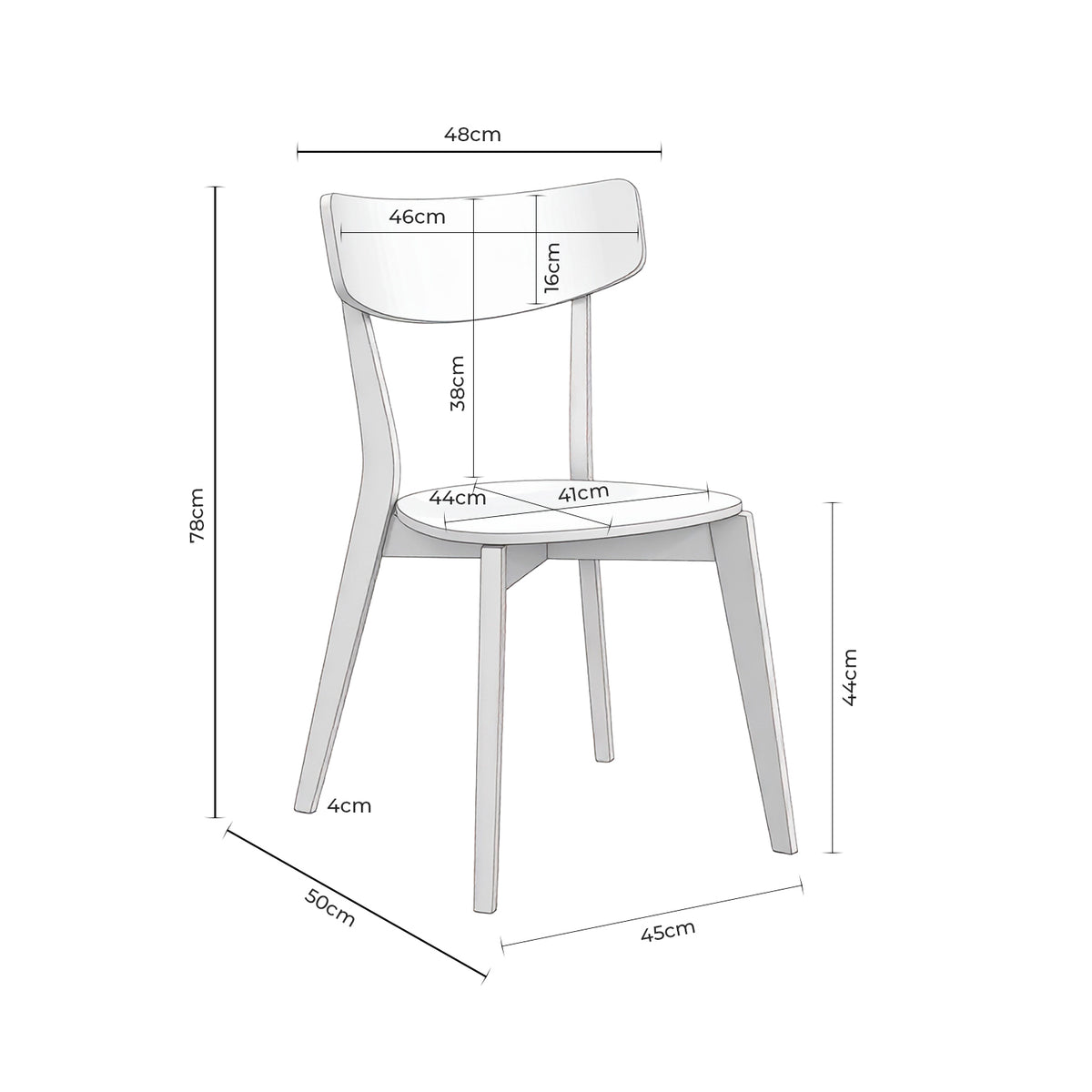 Croquis de medidas de Silla AVA de Madera con Asiento Blanco