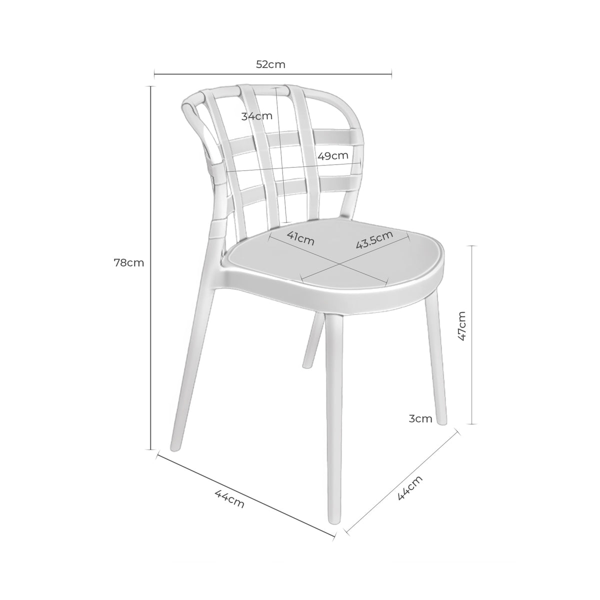Croquis de medidas de Silla GINA Apilable de Respaldo en Cuadrícula