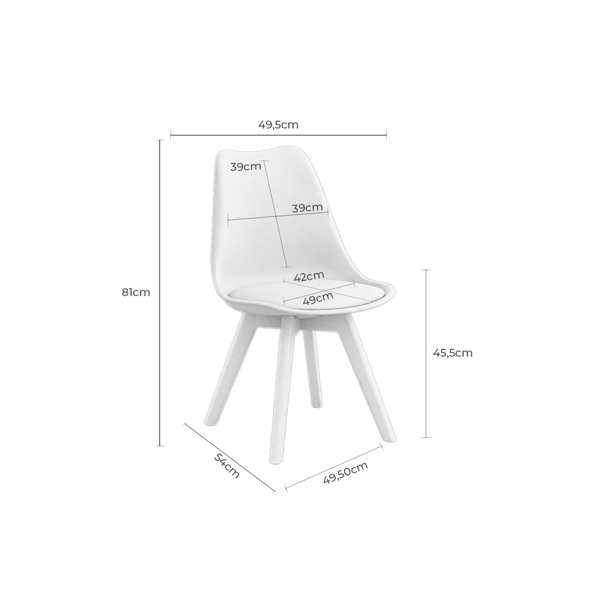Croquis de medidas de Silla KARINA con Cojín y Patas de Madera