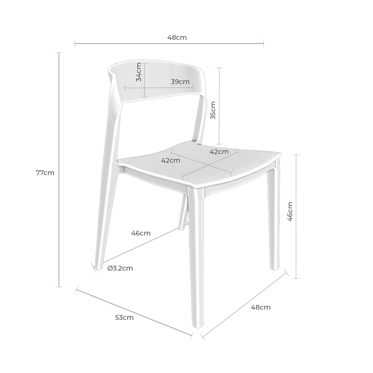 Croquis de medidas de Silla ADELYN Apilable Blanca
