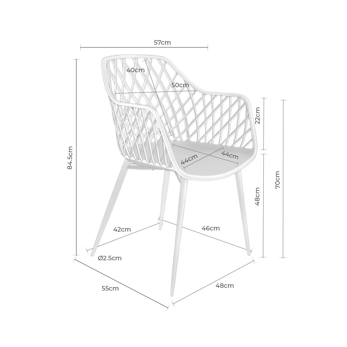 Croquis de medidas de Silla CHARLOTTE de Celosía con Brazos