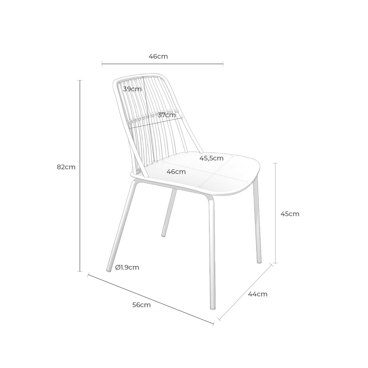 Croquis de medidas de Silla NERINA de Respaldo de Varillas
