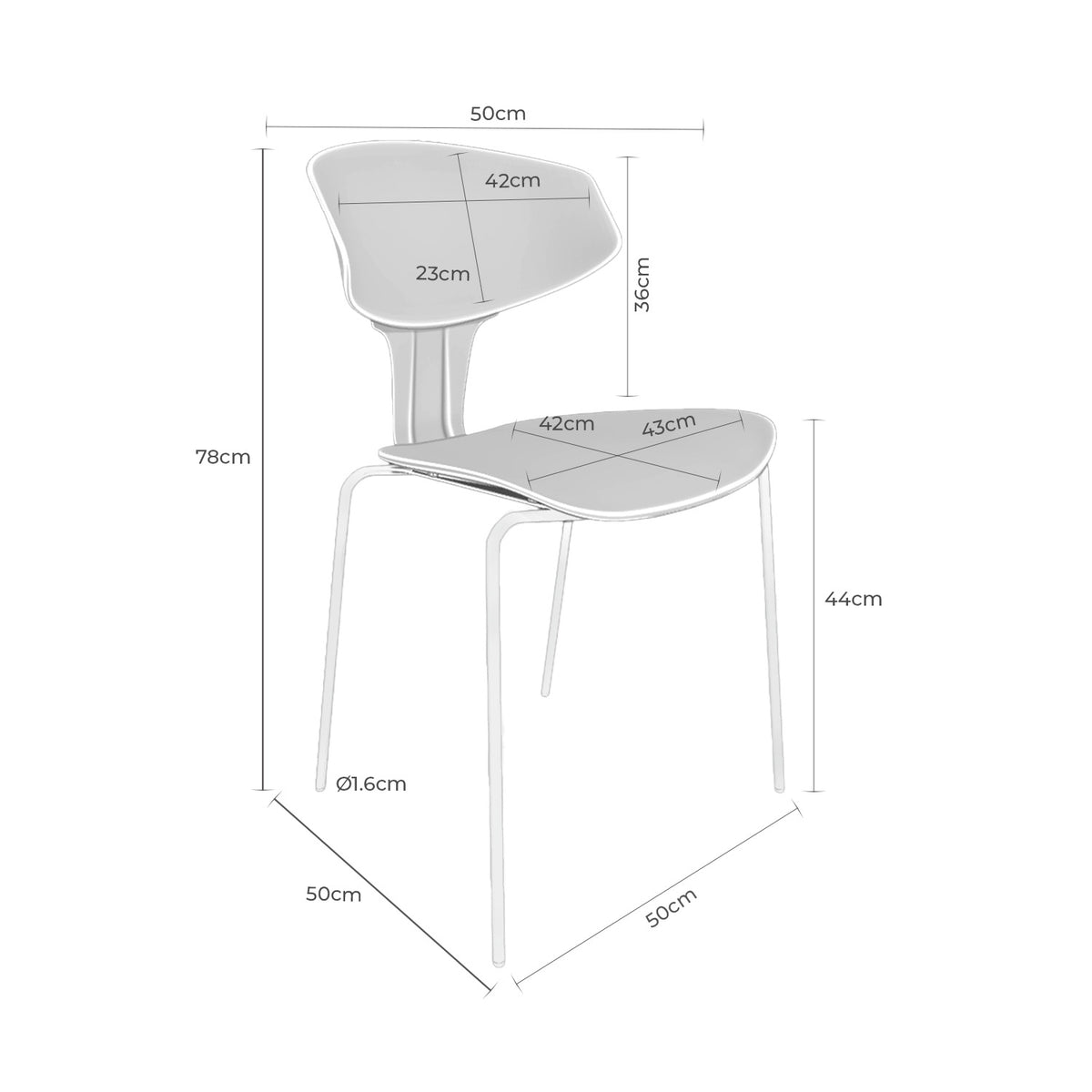 Croquis de medidas de Silla RENE de Asiento Redondo y Respaldo Mariposa