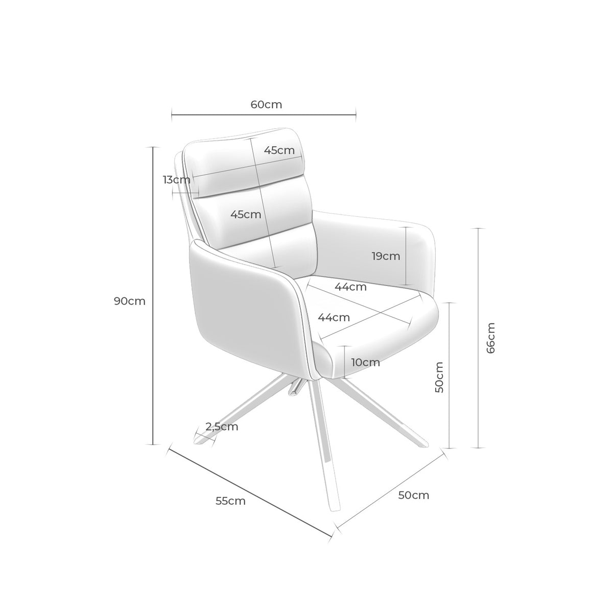 Croquis de medidas de Silla LISETTE Giratoria 360º Compacta