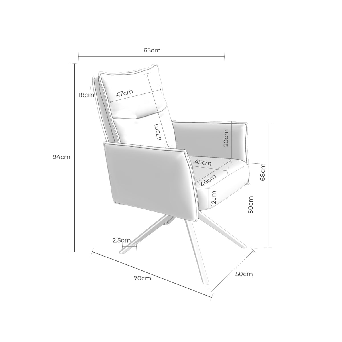 Croquis de medidas de Silla ELLEN Giratoria 360º con Orejas