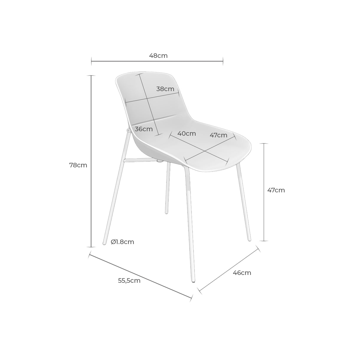 Croquis de medidas de Silla DILETTA de Concha en Cinco Colores