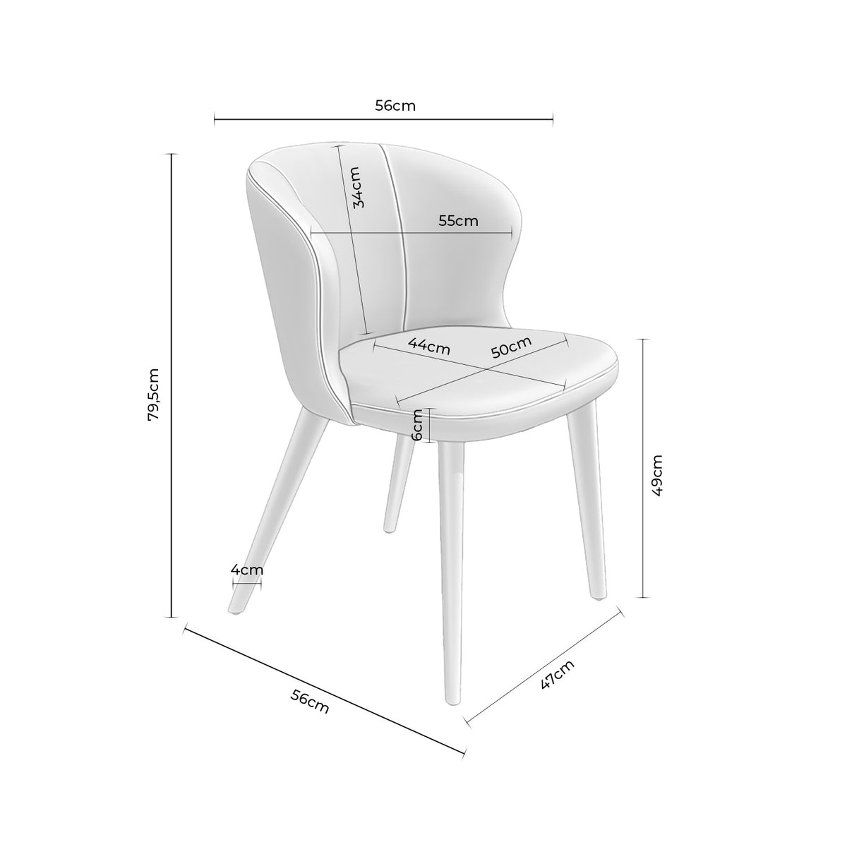 Croquis de medidas de Silla TANYA de Asiento Redondo y Patas de Madera