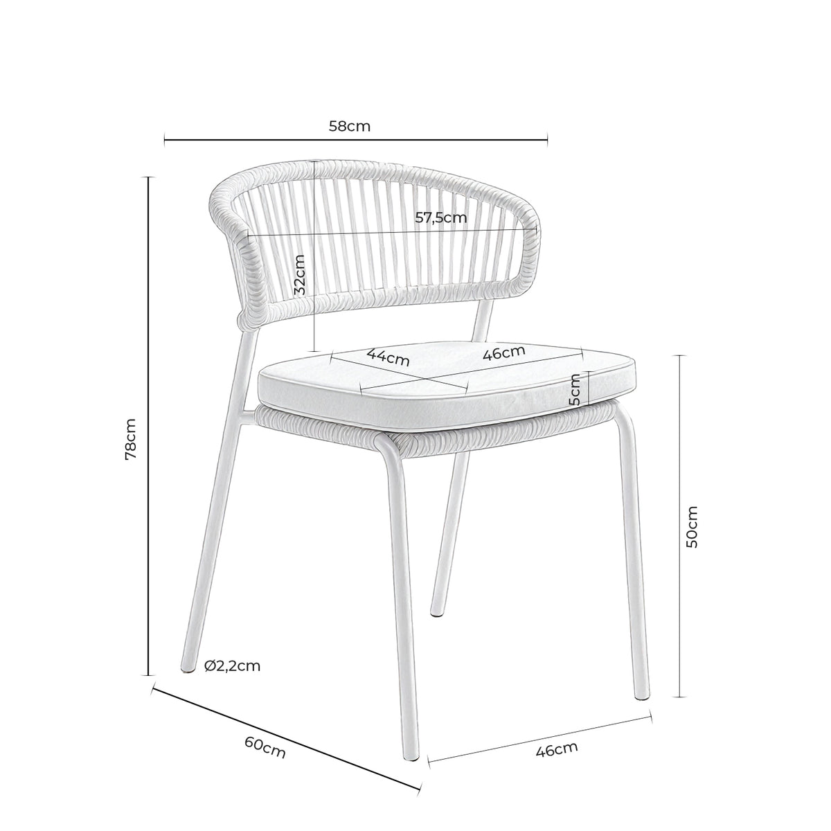 Croquis de medidas de Silla PALMIRA Exterior