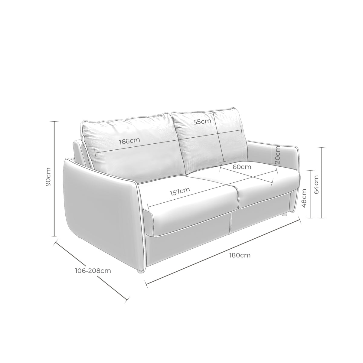 Croquis de medidas de Sofá cama KEIKO de 180 cm con apertura italiana