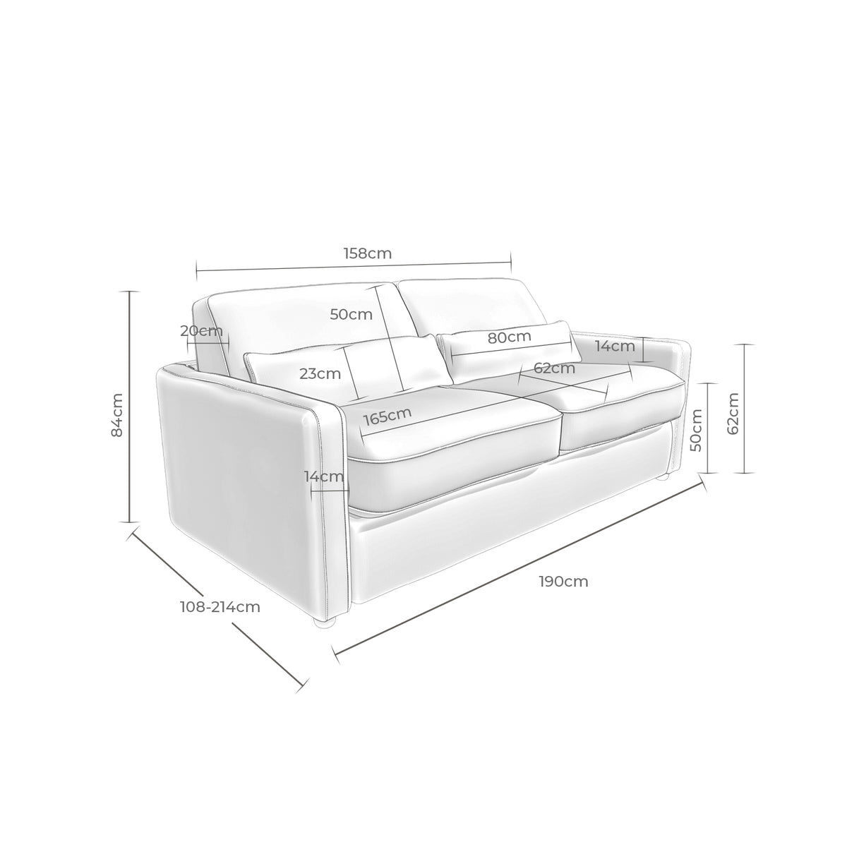 Croquis de medidas de Sofá cama Minato con apertura italiana