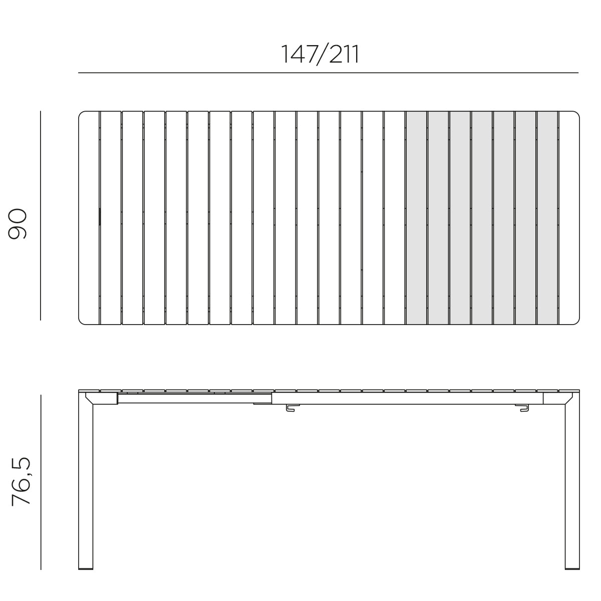 Croquis de medidas de Mesa Tevere 147 Extensible