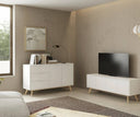 Aparador CAMPUS de 140 cm con 2 puertas y 3 cajones, en blanco, en un salón junto al mueble TV de la misma colección