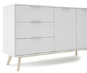 Aparador CAMPUS de 140 cm con 2 puertas y 3 cajones, en blanco, detalle del frente y los tiradores