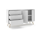 Aparador CAMPUS de 140 cm con 2 puertas y 3 cajones, en blanco, con los cajones y una puerta abiertos