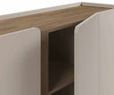 Aparador LUCILE de 180 cm con 4 puertas, en crema y roble, detalle del sobre de madera y del canto